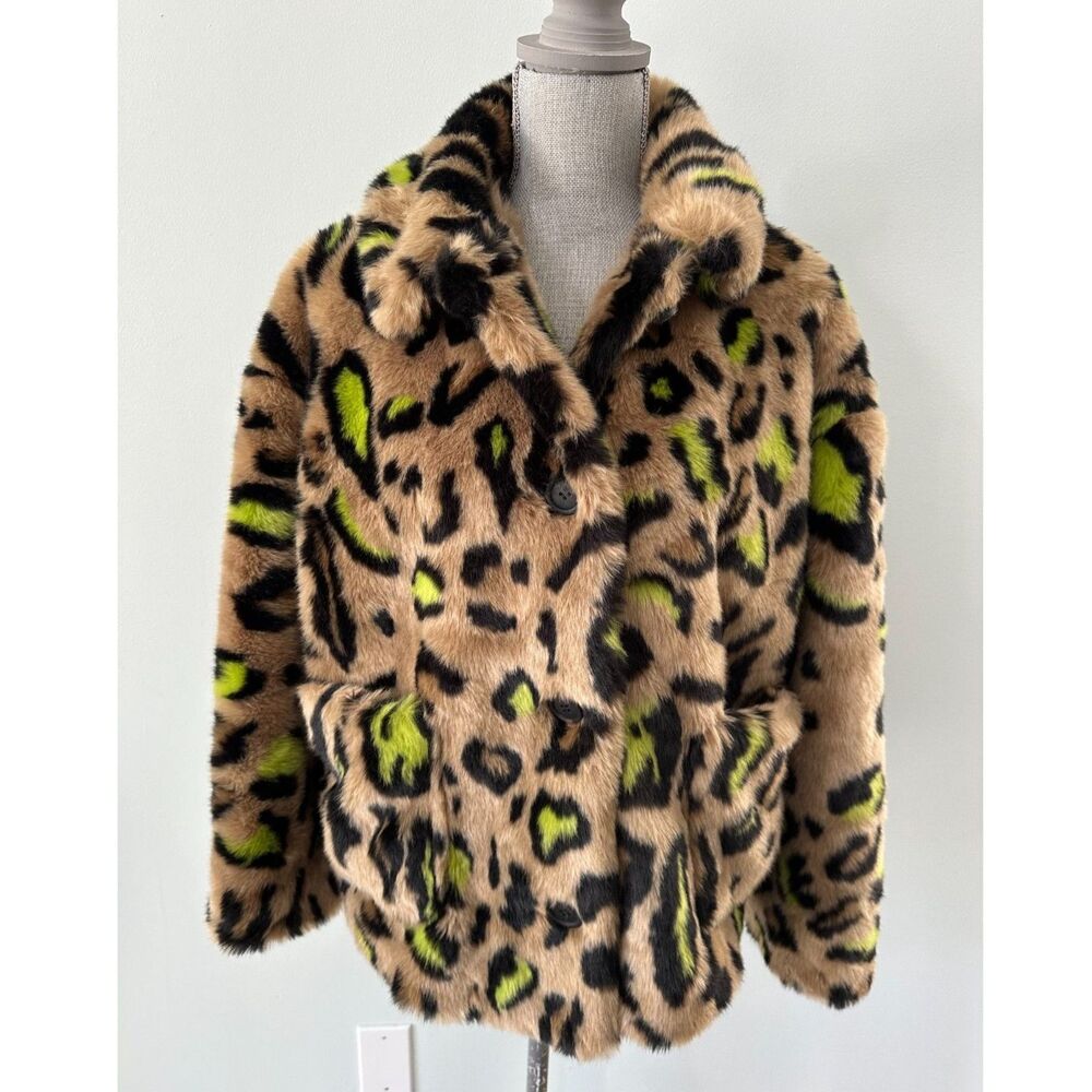 Topshop Animal Print Leopard Neon Green Faux Fur Coat Brown Jacket US 6 UK 10 - Picture 1 of 7